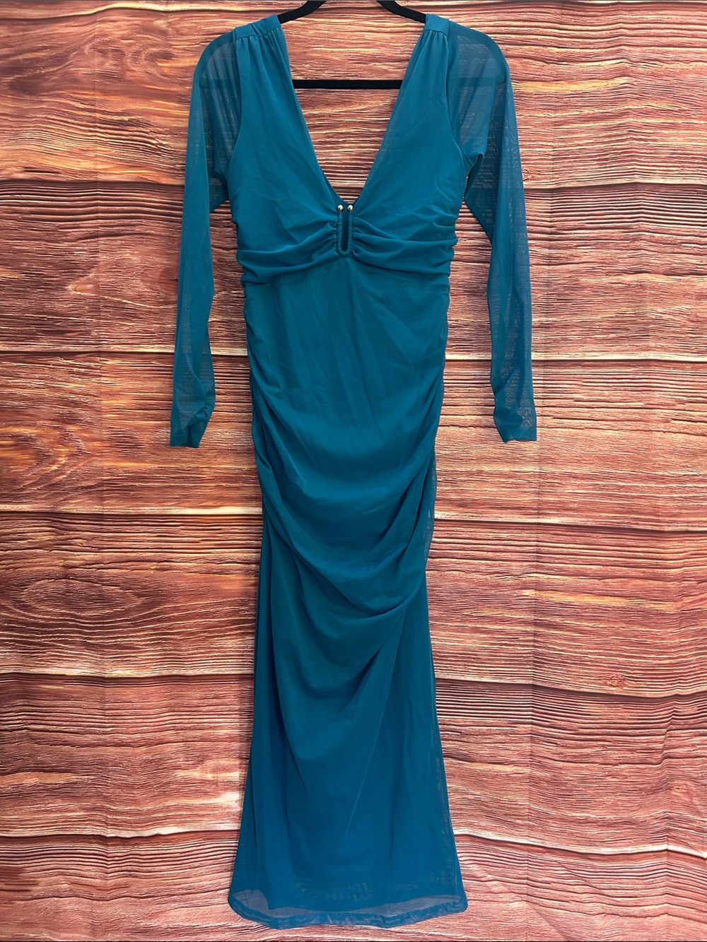 Anthropologie Teal V-Neck Long Sleeve Ruched Front Top | Size Small